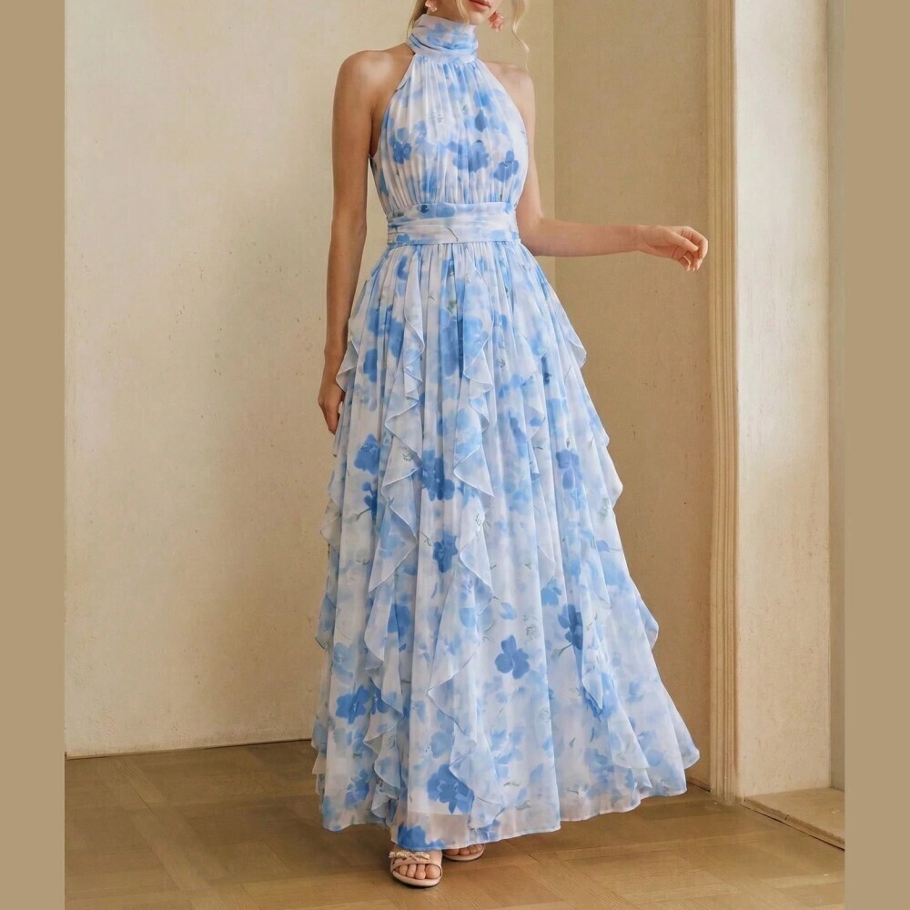 Sky Blue Floral Organza Halter Neck Tiered Ruffle Maxi Dress